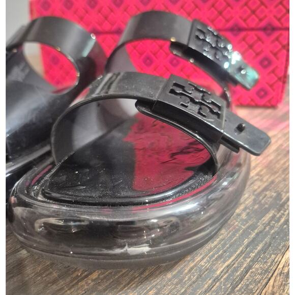 TORY BURCH $228 BLACK BUCKLE JELLY SLIDE SANDAL Shoes Sz 9 Summer Beach pool - Picture 10 of 16